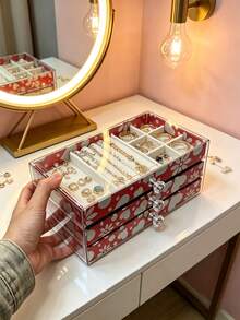1pc 5/3/1 Layer Printed Acrylic Jewelry Box, Large Capacity Drawers Jewelry Organizer, Transparent Dust-Proof Storage Box For Rings, Earrings, Necklaces, Velvet Lining, Compartment Design, Ideal For Vanity Table, Desk, Gift For Girlfriend, Jewelry Accessories Storage - Multicolor - View 5