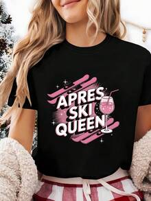 Apres Ski Queen Pink Ski & Drink Elements Letter Print Women's T-shirt, Short Sleeve Crew Neck Casual Top for Summer & Spring, Women's Clothing - Negro - Ver 2