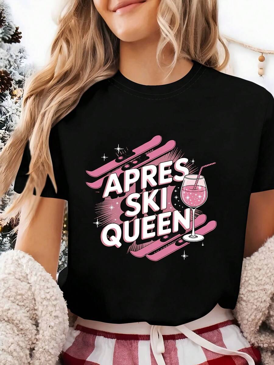 Apres Ski Queen Pink Ski & Drink Elements Letter Print Women's T-shirt, Short Sleeve Crew Neck Casual Top for Summer & Spring, Women's Clothing