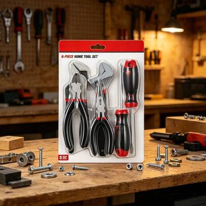 6-Piece Easy Care Tool Set, 10.50" X 7.50" X 1.25" Compact All-Purpose Hand Tool Kit, Durable Portable Utility Tools For Home Repairs, DIY Projects, Garage & Everyday Maintenance