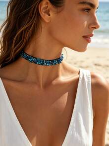 1 pieza Accesorio de diseño de nicho para mujer, collar con incrustaciones de mosaico azul-verde y diamante de imitación, estilo de vacaciones europeo y americano - azul verdoso - Ver 2