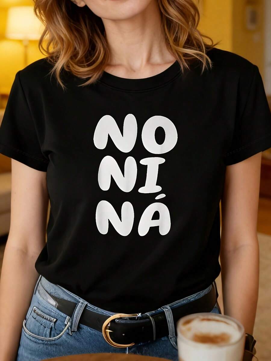 Tamaño más grande - Tamaño más grande - Camiseta de tamaño más grande, Español NO NI Ná estilo perezoso Carta de actitud individual, manga corta negra cuello redondo impresa camiseta - lavable en máquina, toda la temporada casual, ajuste cómodo, diseño de moda