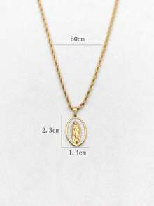 1pc Stainless Steel Vintage French 18K Plated Oval Virgin Mary Pendant Necklace, Minimalist Twist Chain Unisex Jewelry, Affordable Valentine's Day Gift - White - View 7