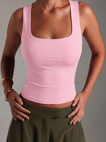 Women Square Neck Wide Strap Stretchy Slim Fit Crop Tank Top Basic Casual Camisole For Vacation Beach Street Daily Outdoor Wear - 粉色 - 查看 10