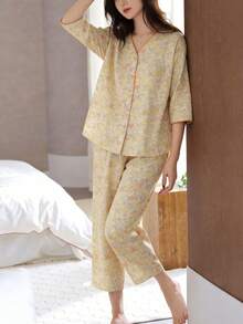 2 piezas Conjunto de pijama de cárdigan con estampado floral para mujer, top de manga corta y pantalón 3/4, ropa de casa suave para primavera/verano - Mostaza Amarilla - Ver 3