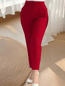 Pantalones de trabajo ajustados de unicolor casual que estilizan la cintura, cortos, color negro para primavera - Rojo - Ver 3