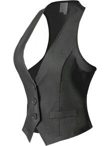 Women's Racerback Tuxedo Vest Slim Fit Stretch Waistcoat Versatile Dressy Casual Sleeveless Layered Outfit - 木炭 - 查看 2