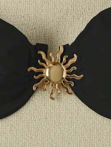 Nuevo conjunto de bikini con falda de cobertura para mujer, decoración de sol de metal, sexy, para verano y playa, color negro - Negro - Ver 5