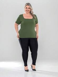 Set Of 2 Women's Basic Comfortable Short-Sleeve Square Neck Plus Size Blouses - Black-green - View 6