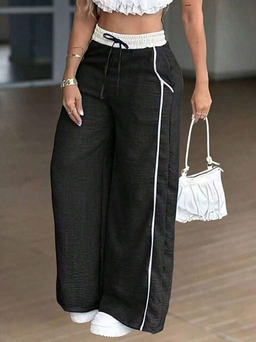 Pantalones de pierna ancha de cintura alta de color gris verdoso claro estilo Y2K, pantalones casuales sueltos de estilo europeo y americano, pantalones rectos y anchos versátiles para primavera/verano que estilizan la figura - Negro - Ver 1