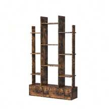 Bibliothèque à 2 tiroirs, étagère ouverte industrielle autoportante, bibliothèque vintage, 12 étagères de rangement, idéale pour chambre, salon ou bureau, marron rustique - brun - Voir 8