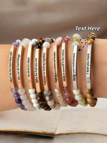 1pc Customized Women's Natural Stone Name Bracelet, Fashionable Natural Stone Beaded Bracelet, Personalized Gift For Girlfriend, Customized Mother's Day Bracelet, Laser Engraved Text Bracelet, Custom Name Bracelet, Engraved Anniversary Date Bracelet, Colorful Elastic Natural Stone Bracelet, Women's Bracelet, Customized Bracelet Gift For Mom, Personalized Christmas Bracelet Gift For Her, Customized Name Beaded Bracelet - Natural Stone Bracelet - View 2