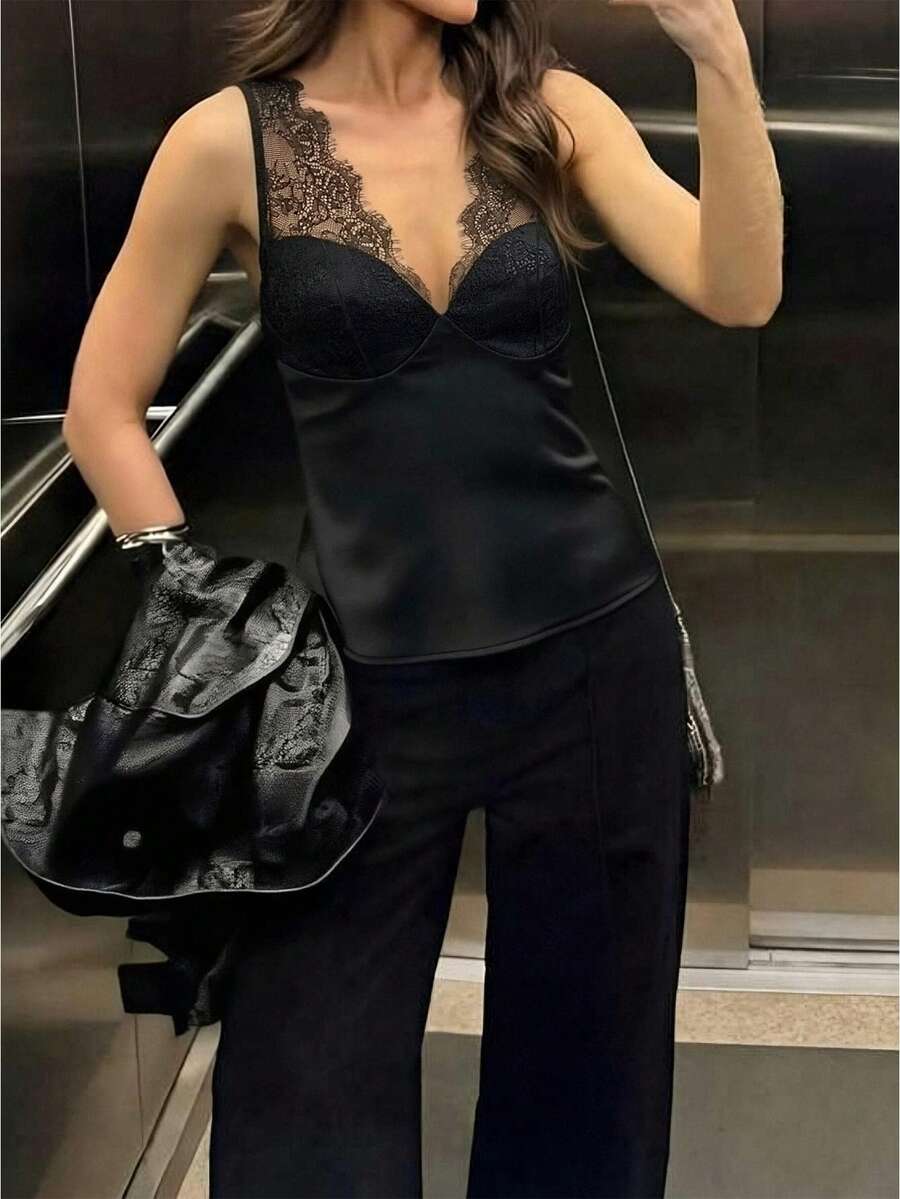 女士黑色蕾丝V领无袖吊带背心,无弹力修身无袖上衣,适合约会、派对、办公室、休闲场合 (YY1214) - 黑色 - 查看 1