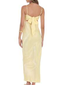 Women's Elegant Solid Color Fishtail Hem Spaghetti Strap Dress, Summer Party - Yellow - View 3
