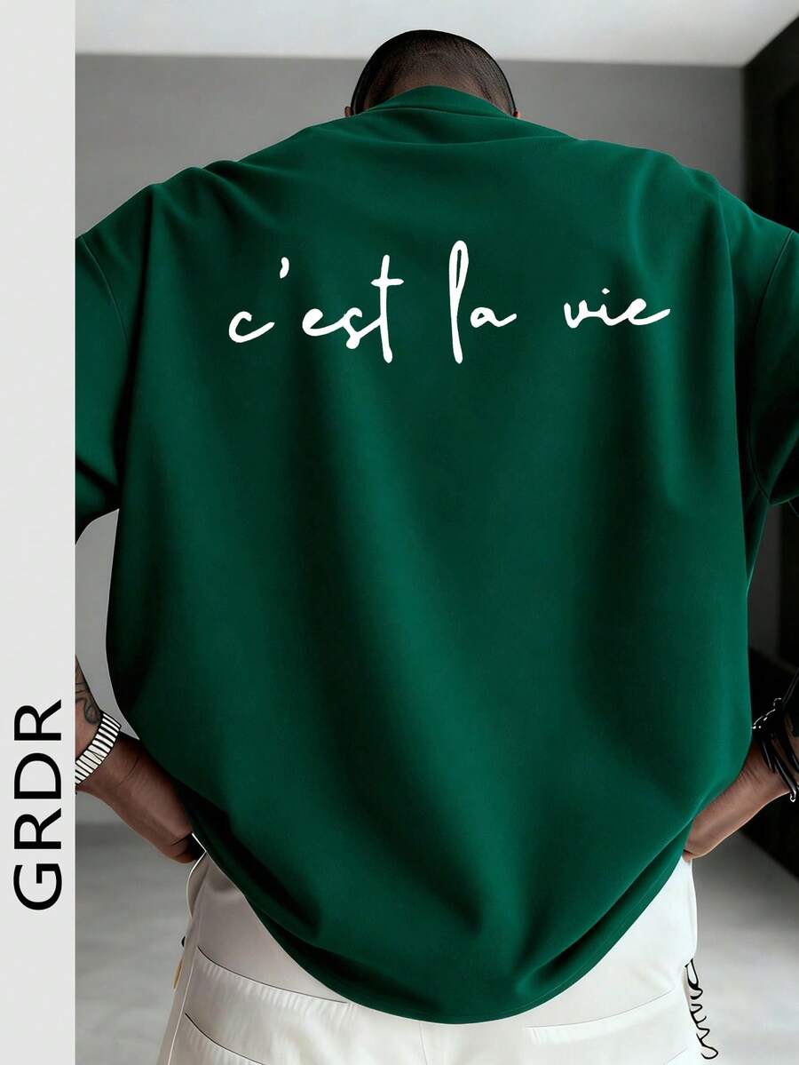 GRDR Fashionable Minimalist Slogan Print Short Sleeve T-Shirt, Comfortable & Breathable, Suitable For Summer, Leading Style - Dark Green - View 1
