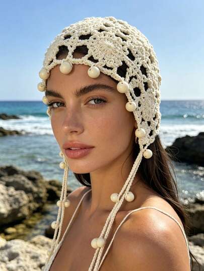 1pc Handmade Crochet Floral Hollow Out Headband, Bohemian Style, Tasseled Tie-Up Knit Cap, Suitable For Spring/Summer, Beach, Vacation