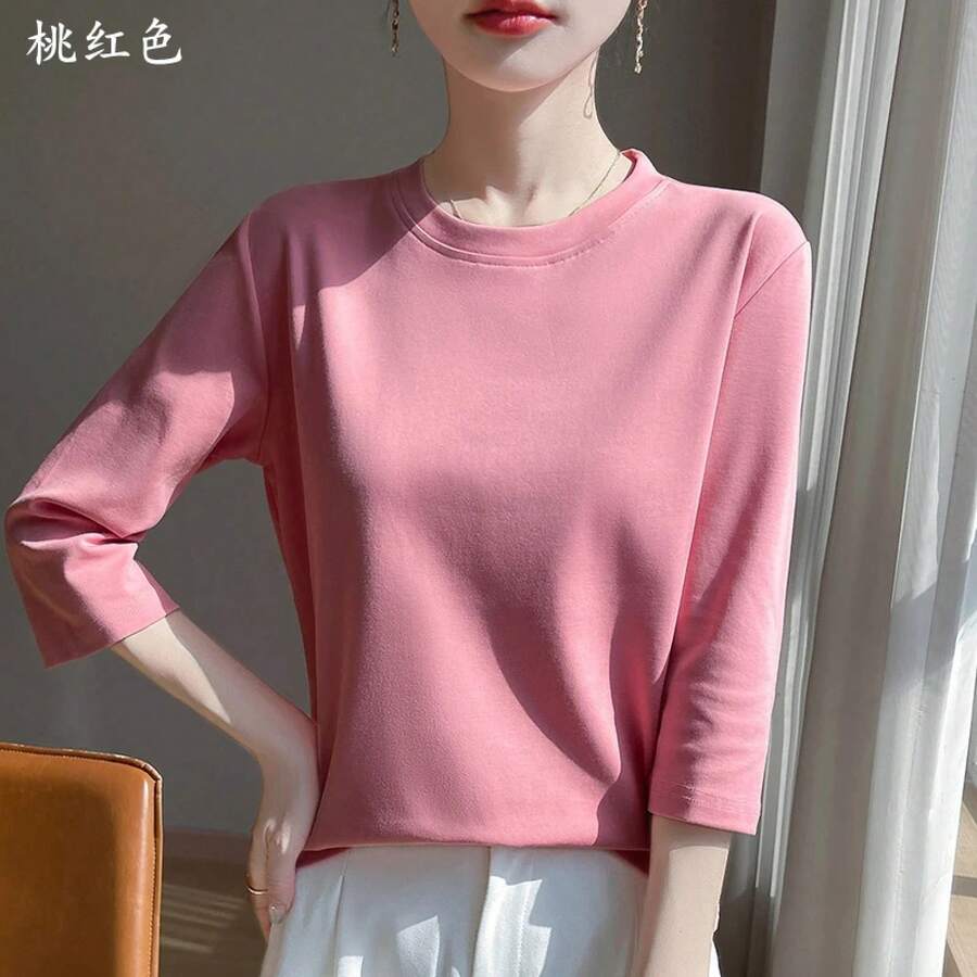 Camiseta de manga corta de algodón de verano para mujer, cuello redondo, mangas de siete puntos, camisa holgada de media manga de algodón mercerizado, nueva camiseta - MY4 - Ver 1