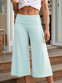 Women's Capri Pants Fold Over Waistband Low Rise Solid Color Wide Leg Cropped Lounge Trousers - Celeste - Ver 3