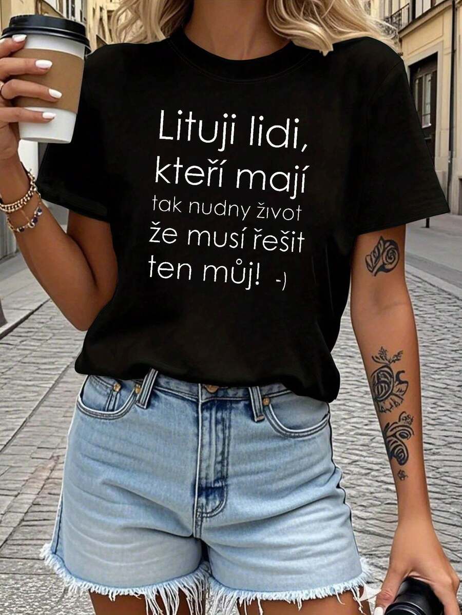 Czech Sarcastic Life Quote Letter Print T-Shirt | Women's Spring-Summer Short Sleeve Crew Neck Casual T-Shirt, Daily Leisure, Holiday Gift - 黑色 - 查看 1