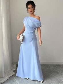 Vestido de mujer con estampado minimalista, hombro asimétrico y talle fruncido - Azul 2 - Ver 6
