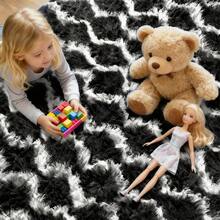 Sour Lemon Fluffy Area Rug Thick & Shaggy Carpet For Living Room & Bedroom Floor, Home Decor Anti-Slip Soft Carpet Floor Mat - Black & White Waves - View 8