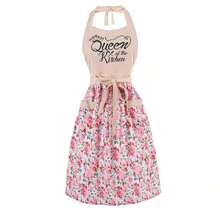 Cute Floral Aprons For Women With Pockets,Cotton Adjustable Neck Strap Apron For Kitchen CooFKing BaFKing Gardening - 粉色 - 查看 9