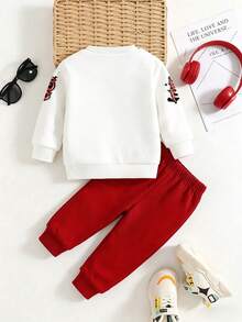 2pcs Baby Boy Letter Print Crew Neck Long Sleeve Warm Sweatshirt And Pants Set - White - View 3