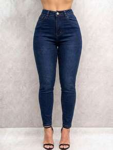 Pantalón Mezclilla Stretch Mujer Corte Skinny Cintura Alta - Azul lavado oscuro - Ver 2