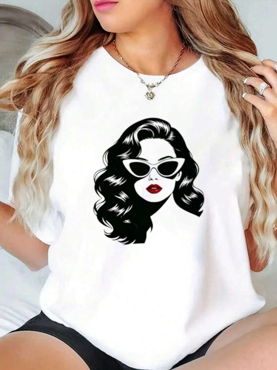 Stylish Woman With Fashionable Glasses. Print Fashion Top Short Sleeve T-Shirt And Versatile Casual And Home-Friendly White T-Shirt. - 白色 - 查看 1