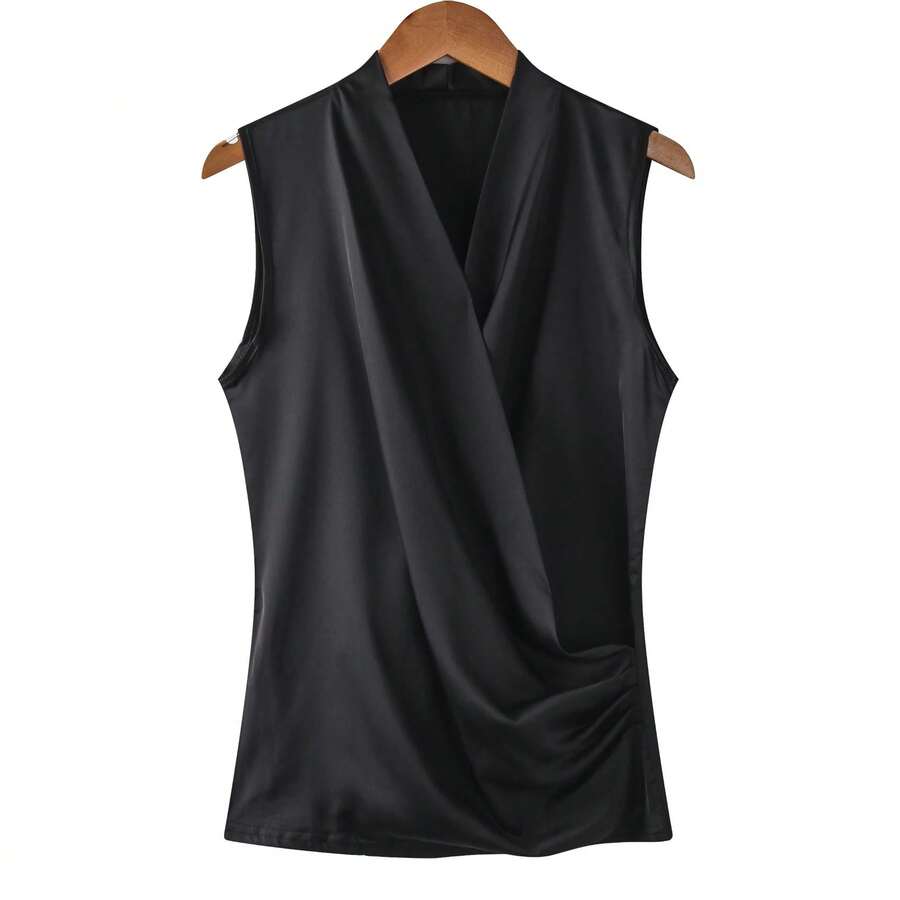 Nueva Blusa Sin Mangas de Satén Suave para Mujer, Top con Cuello en V, Corte Ajustado, Camisas para Usar por Fuera - Negro - Ver 1