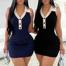 Vestido de Verano para Mujer, Azul y Blanco, con Contraste, sin Mangas, Sexy, con Botones, Elástico, de Punto Acanalado, Ajustado, Mini Vestido para Fiesta - Marrón oscuro - Ver 4