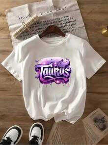 White T-Shirt With Vibrant Purple-Pink Taurus Zodiac Design, Short Sleeve, Casual Crew Neck, Stretchy Fabric, All-Season Comfort Fit, Comfortable Clothing, Zodiac Graphic Tee, Shiny Texture - 白色 - 查看 1