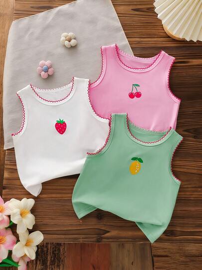 3pcs Girls' Summer Casual Fruit Print Sleeveless Top Vest Set, Versatile Ins Style Daily Wear