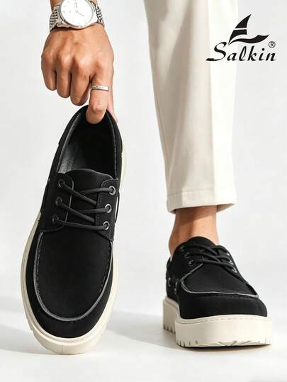 Salkin Minimalist Designer Men's Derby Shoes, Lace-Up Soft Faux Suede Leather Shoes, Fashion Affordable Brand Feel, College Style Student Shoes, Comfortable Round Toe Loafers, Elegant Gentleman Sneakers, Solid Color Uppers, Non-Slip Durable Thick Soles, Daily Casual Shoes For Men, Suitable For Dating, Party, Holiday Gifts, Ramadan, Spring/Summer/Autumn, Size Runs Small, Please Order One Size Up