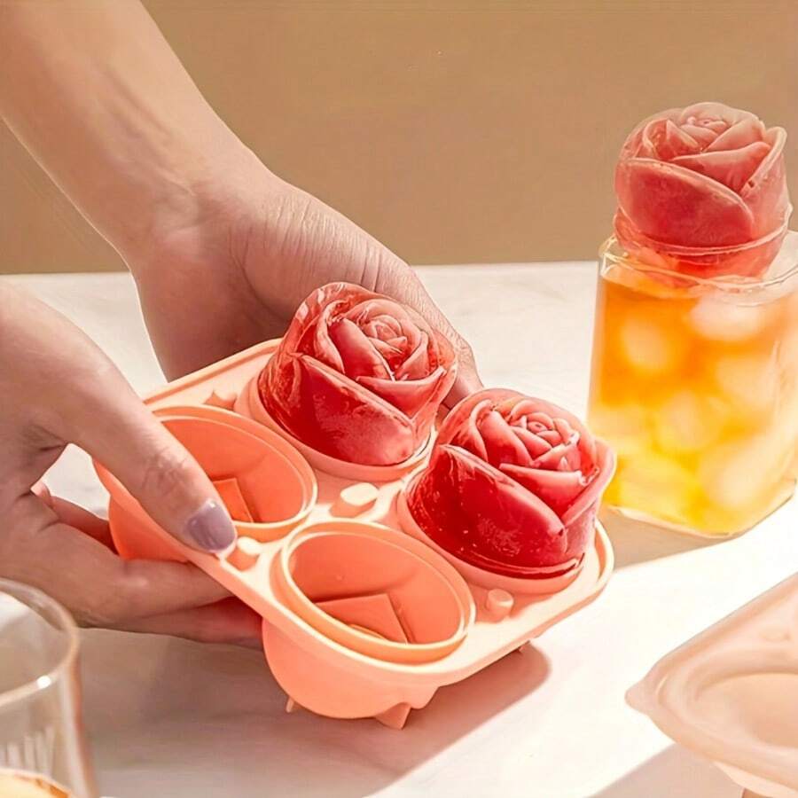 Khay silicon 4 ngăn hình hoa hồng có nắp đậy, khuôn làm đá viên 3D hình hoa hồng, thích hợp cho cocktail whisky và những dịp lãng mạn. - Nhiều màu - Xem 1
