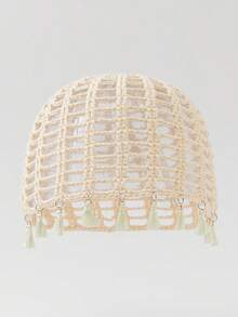 1 chiếc mũ len dệt tay nhẹ, khoét lỗ, có tua rua, thời trang xuân/thu dành cho nữ, phù hợp với phong cách boho hàng ngày. - A - Xem 5