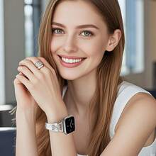 皮革錶帶，適用於 Apple 38mm/40mm/41mm/42mm/44mm/45mm/46mm/49mm，超薄精緻、防汗舒適，極簡優雅時尚，鑽石設計，兼容 Apple Series 10/9 Ultra/SE/8/7/6/5/4/3/2/1，替換錶帶配件 - 白+銀扣 - 查看 4