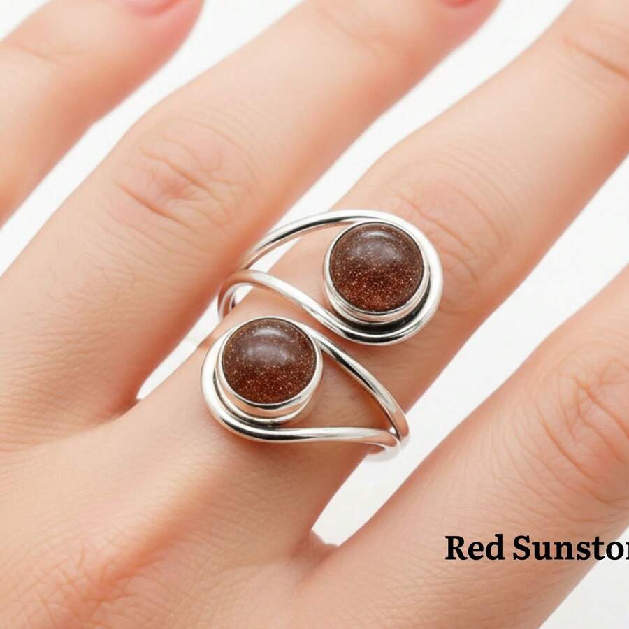 Red Sunstone 925 Sterling Silver Gemstone Adjustable Ring - 紅色太陽石 - 查看 1