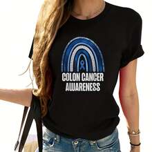 Womens Colon Cancer Awareness Blue Ribbon And Rainbow Trending T-Shirt Black - Black - View 1