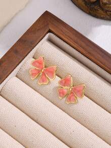 4 Pairs/1 Pair Delicate Enamel Bow Earrings, Sweet & Cute Pink/White/Black Bow Earrings, Fashion Jewelry For Women, Gift For Her, Women's Accessories, Valentine's Day/Mother's Day Gift - Yellow Gold - View 4
