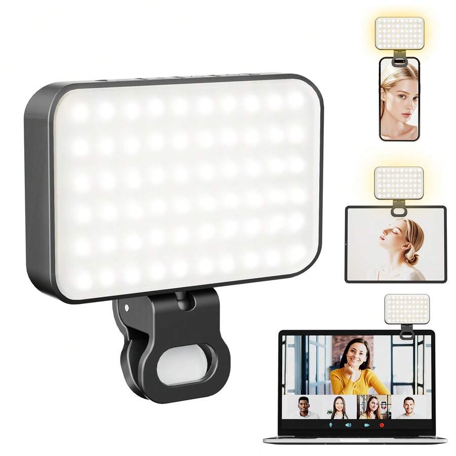 Clip-On Selfie Light For Phone & Laptop, Portable Rechargeable LED Fill Light With 3 Lighting Modes For Video Calls, Streaming, Makeup, Content Creation - A - 查看 1