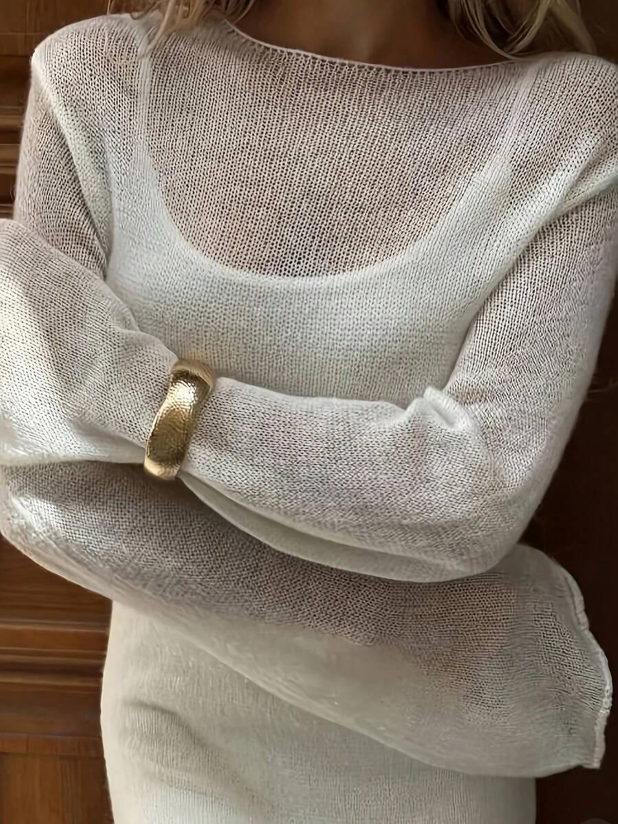 Plus Size Women Long Sleeve Knit Sweater With Sheer Effect, Beach For Spring/Summer White - White - View 1