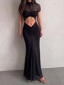 Abito lungo aderente da donna alla moda, elegante abito nero da cocktail sexy e trasparente con dettagli traforati, adatto per l'estate - nero - Visualizzare 8