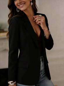 Chaqueta de blazer de primavera con cuello de solapa, botones y tela tejida ligera de longitud regular para mujer - Negro - Ver 2