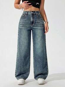 Pantalones vaqueros anchos sueltos y versátiles de mujer con diseño de bolsillos - Azul - Ver 1