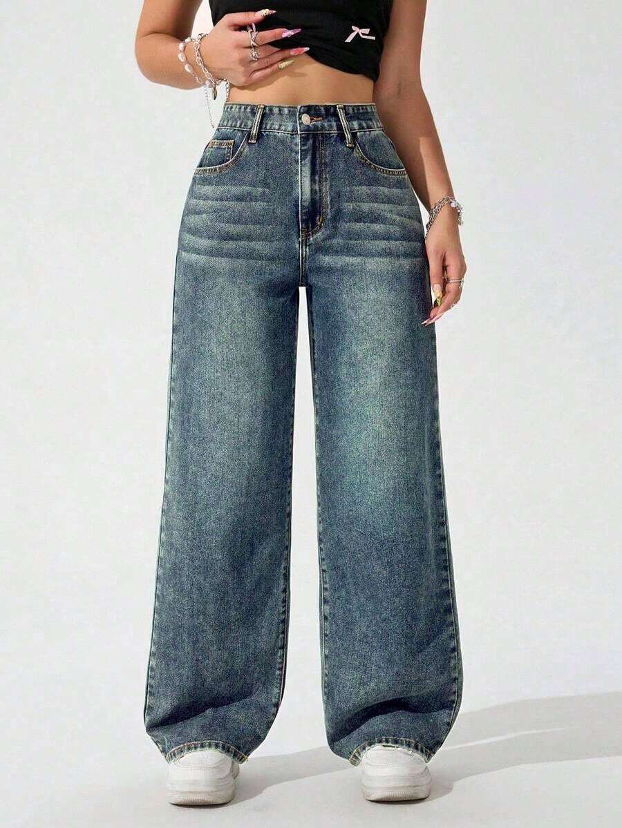 Pantalones vaqueros anchos sueltos y versátiles de mujer con diseño de bolsillos - Azul - Ver 1