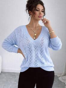 Áo len dệt kim cổ chữ V khoét sâu màu xanh da trời nhạt dành cho nữ cỡ lớn, kiểu dáng rộng rãi thoải mái, áo đơn sắc thời trang mùa xuân/thu cho kỳ nghỉ. - Màu xanh nhạt - Xem 4