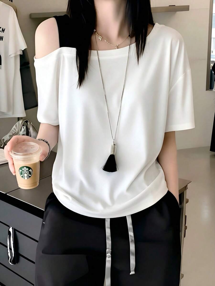White Asymmetric Neck Short Sleeve T-Shirt For Women, Asymmetric Cold Shoulder Design, Slouchy Flattering Fit Versatile Undershirt Summer Casual - White - View 1