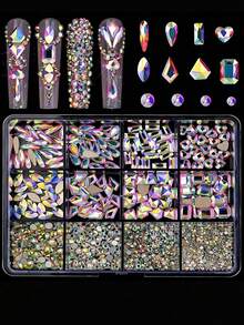 12grids/Box Colorful AB Flat Round Asymmetrical Multi-Size Nail Art Rhinestones, Glitter Glass Diamonds, Mixed Size Suitable For Women And Girls Daily Manicure DIY - Multicolor - View 2
