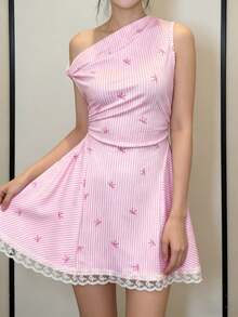 Vestido corto asimétrico con hombros y cintura en línea A, lazo, encaje a rayas y volantes en el bajo, elegante para citas, vacaciones y salidas, color rosa - Rosa - Ver 3